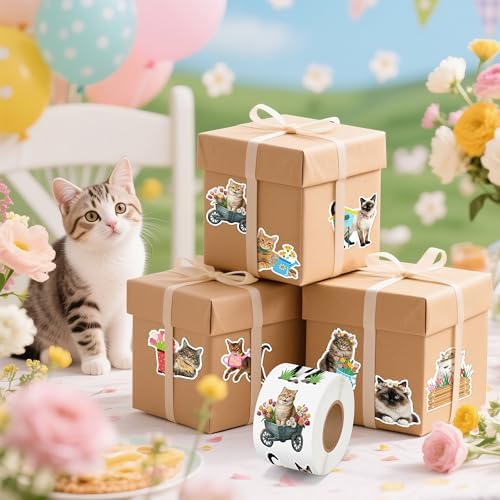 H1vojoxo Summer Cat Sticker Rolls - 1000PCS Summer Realistic Cat Stickers for Kids 16 Designs Cute Flowers Dress Up Cats Sticker for Craft Water Bottle Self-Adhesive Funny Cat Stickers for Envelope