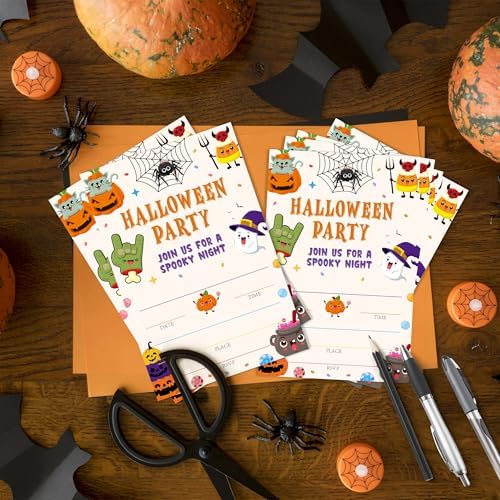 SIXEIGHT Cute Halloween Party Invitations, Funny Ghost Pumpkin Halloween Invitations for Boys Girls, 25 Pack Cute Invite Cards with Envelopes, Wedding Birthday Baby Shower Party Decorations-E12