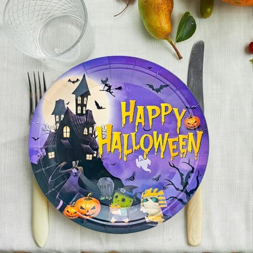 50Pcs Halloween Party Supplies Halloween Paper Plate 7Inch Pumpkin Plates Fall Pumpkin Monster Paper Plates for Haunted House Themed Black Orange Fall Birthday Party Decorations (Purple)