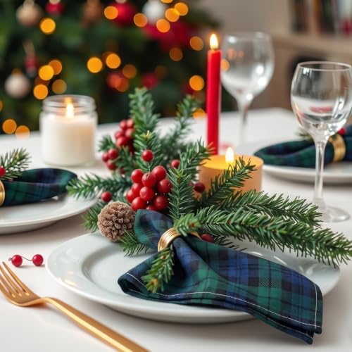 Funnymoom 24 Pcs Christmas Linen Plaid Cloth Napkins Blue and Green