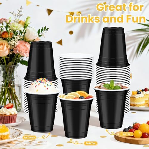 50 Pcs Black Plastic Cups, 12 oz Disposable Cups for Party
