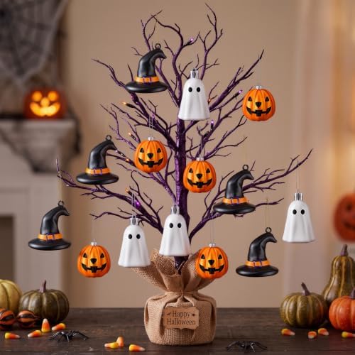 VioraWhite 30 Pcs Halloween Hanging Ornaments Cute Sliver Ghost, Gold Pumpkin and Witch Hat Lantern Home Decoration Mini Plastic Halloween Tree Decorations for Holiday Party Decor