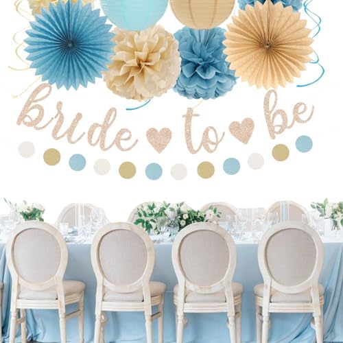 Light-Dusty Blue Beige-Champagne Bridal-Shower Party-Decorations - 31pcs Bride to Be Banner,Boho Neutral Bachelorette Paper Lanterns,Wedding Garland,Tissue Pom Poms Flower Fan Decor Supplies Burgleda