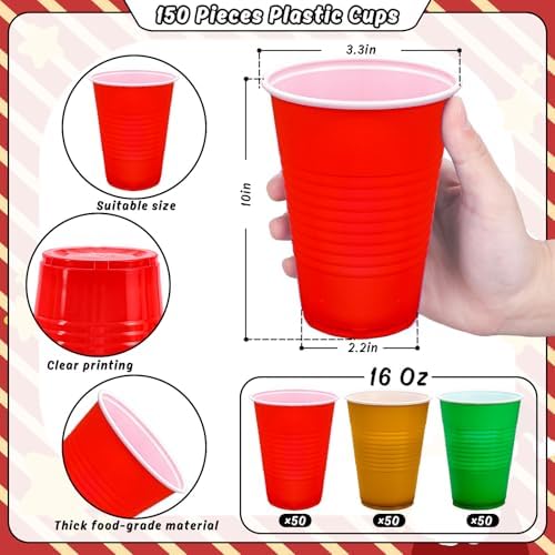 JarThenaAMCS 150Pcs Christmas Plastic Cups 16Oz Red Green Gold Disposable Drinking Cup Stackable Party Cups for Winter Xmas Birthday Party Supplies