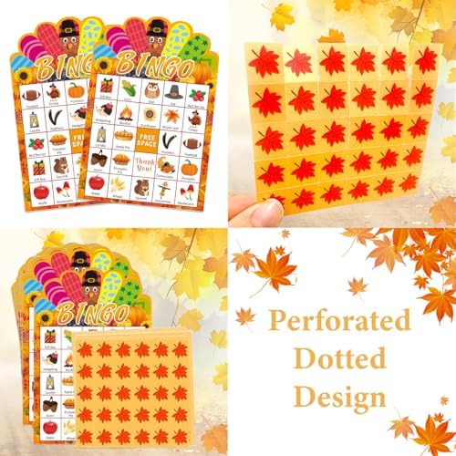 JUESMOS Thanksgiving Bingo Game for Kids Adults Fall Thanksgiving Games Bingo Cards 24 Players Turkey Bingos Games Cards Thanksgivings Game Supplies for School Classroom Family Activities Party Favors
