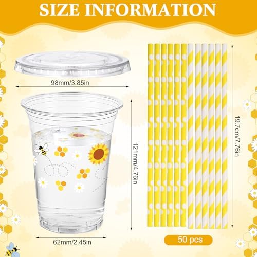Funnymoom 50 Sets Bee Theme Party Supplies Honeybee Plastic Cups with Lids and Straws 16 oz Clear Honeybee Disposable Drinking Cups Bulk for Bee Theme Party Favors Birthday Baby Shower Supplies