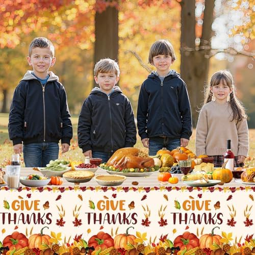 3 Pcs Thanksgiving Tablecloth Disposable - Give Thanks Tablecloths, Maple Leaves Pumpkin Fall Table Cloth Plastic Rectangle Table Cover for Thanksgiving Party Decorations Supplies Favors, 54x108 Inch