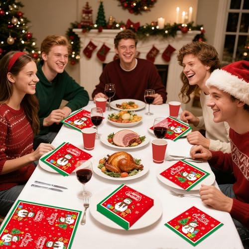50 Pcs Merry Christmas Napkins - 13 Inch Disposable Christmas Napkins Paper, Snowman Xmas Cocktail Napkin Dinnerware Set for Xmas Party Decorations Tableware Supplies Table Decor Favors