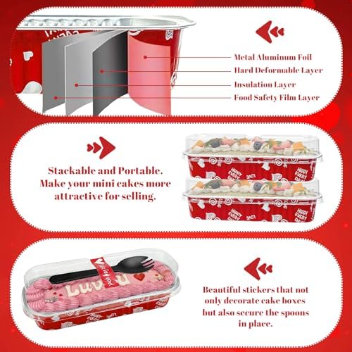 100Pack Valentine's Mini Loaf Pans with Lids Mini Cake Pans with Lids and Spoons, 6.8Oz Heart Shaped Cake Pans Fancy Muffin Pans Aluminum Foil Pans, Individual Dessert Cups Containers for Sales,Party