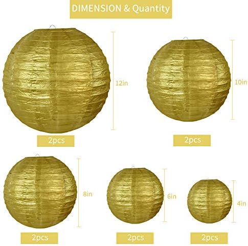 BEISHIDA Gold Paper Lanterns 10Pcs 4/6/8/10/12 Inch Round Chinese Lamp