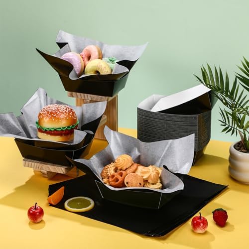 Geosar 100 Pcs Gingham Paper Food Tray with Wax Paper,Black