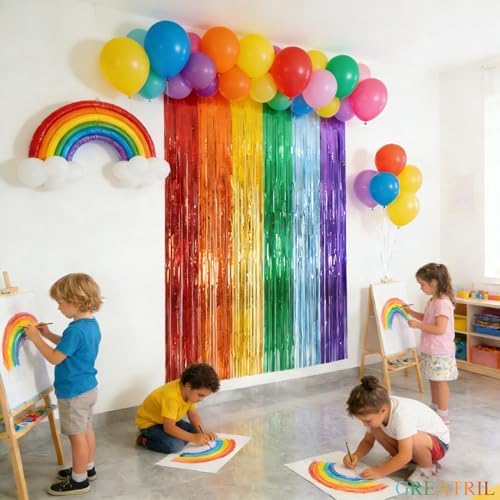 Rainbow Foil Fringe Curtains 8.2ft x 3.2ft 2 Packs