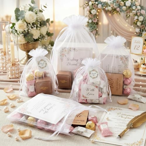 FUNFERY 100PCS White Organza Gift Bags 5x7in,Drawstring Pouch for Jewelry