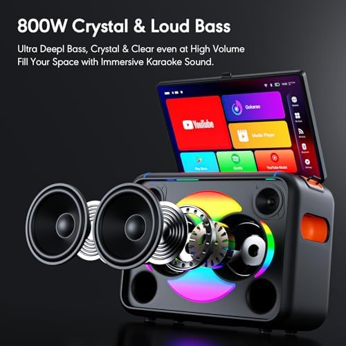 Smart Karaoke Machine with 14.0'' Touch Screen, Lyrics Display & Pre-Install Karaoke APP, Up to 600W Party Speaker and Dual Wireless Mics, Portable for Home & Outdoor