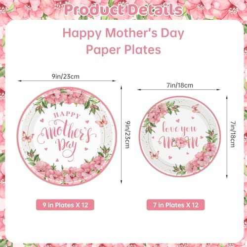 24 Pcs Happy Mother's Day Plates Set - Pink Love You Mom Paper Plate, Disposable Flowers Mothers Day Round Dinner Dessert Plates Tableware for Mother Days Party Supplies Favors Table Decorations