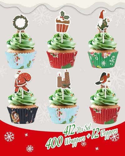 Bake Choice 400 Pcs Christmas Cupcake Liners with 12 Pcs Cupcake Toppers, Mini Cupcake Liners, Mini Muffin Liners for Xmas Party, Baby Shower, Christmas Holiday, Birthday Party