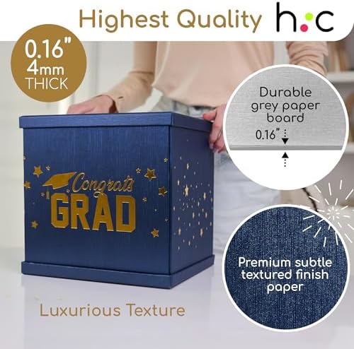 Blue & Gold Graduation Card Box - Large 10x10 Navy Blue Congrats Grad Party