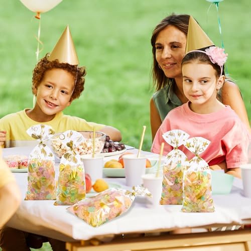 COQOFA 100 Pcs Gold 5"X11" Gift Wrap Cellophane Treat Bags Clear Party Favor Candy Cookie Bags Plastic Goodie Storage Bag with Twist Ties for Birthday, Wedding,Party Decorations(4 Patterns)