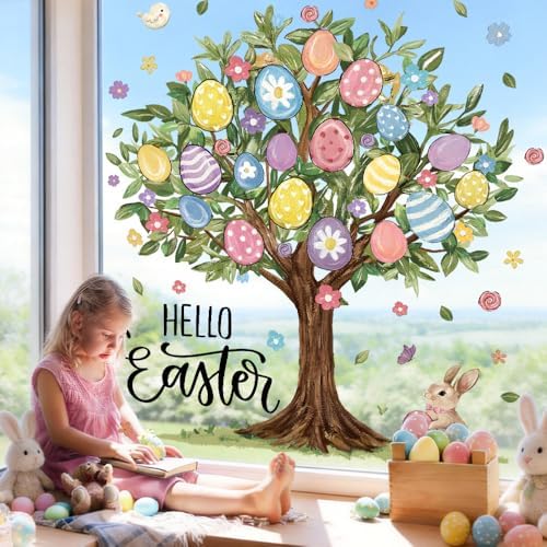 6 Sheets Extra Large Easter Egg Tree Window Clings 31.5 Inch for Kids Home School Office Classroom Party Supplies
