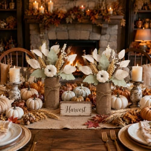 2 Pack Fall Centerpieces for Tables, Fake Pumpkin Leaf Berry Dining Table Thanksgiving Decorations for Indoor Kitchen Home Autumn Wedding Mantel