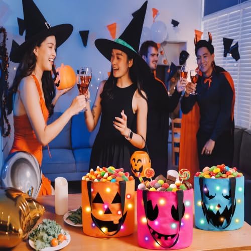 Sadnyy 3 Pcs Halloween Trick or Treat Bag Light Up,Orange,Pink,Blue