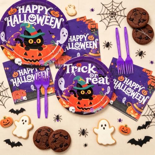 100 Pcs Purper Halloween Plates and Napkins Set Party Supplies Serve 25