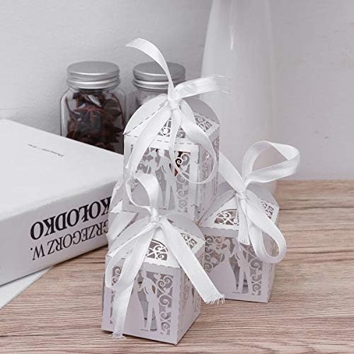 Tinksky 100pcs Wedding Candy Boxes Couple Design Luxury Lase Cut Party Wedding Favor Ribbon Candy Boxes Gift Box Table Decorations (White)