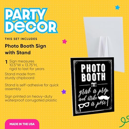 Big Dot of Happiness Photo Booth Sign with Stand – Festive & Durable Plastic Display – Indoor & Outdoor Party Decoration – 10.5” x 13.75”