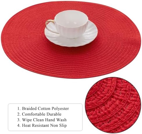 SHACOS Round Placemats Set of 4 Non Slip Washable Place Mats 15 inch Cotton Polyester Braided Placemat for Christmas Home Wedding Party Dining Table Decor (Red, 4)