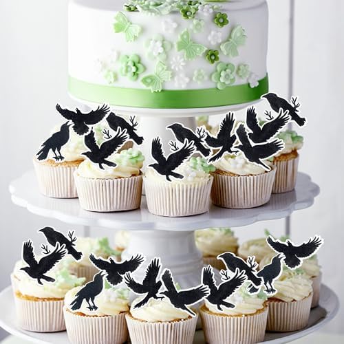 48 Pack Edible Crow Halloween Cupcake Toppers Edible Raven Halloween Water Paper Cupcake Picks Horror Crow Birthday Cake Decorations Party Supplies Black