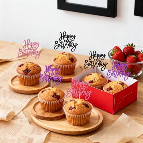 24 PCS Happy Birthday Cupcake Toppers Glitter Happy Birthday Cupcake Picks for Celebrating Anniversary Theme Party Cake Decorations Supplies Black Purple Pink
