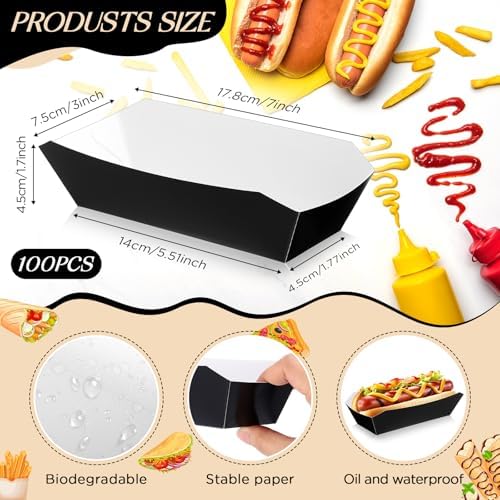 Yeaqee 100 Pcs 7" Paper Hot Dog Trays Disposable Food Nacho Boats