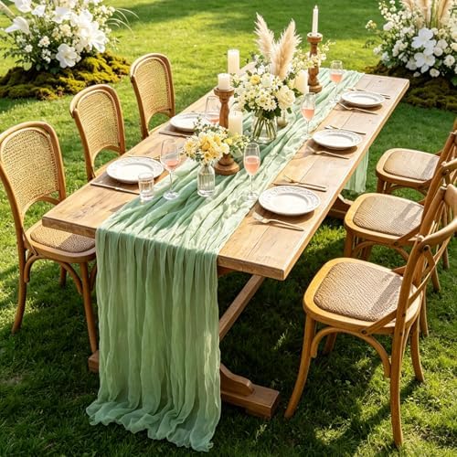 6Pcs Sage Green Cheesecloth Table Runner, 10FT Rustic Green Boho Gauze Table Runner for Spring Easter Woodland Safari Baby Shower Bridal Shower Wedding Tea Party Birthday Decorations