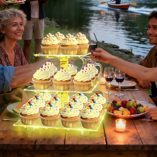 YestBuy 3 Tier Cupcake Stand with Yellow LED String Light for 24 Cupcakes