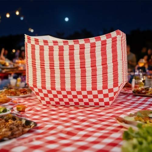 30 Pcs No Folding Required 2lb Gingham Party Supplies Disposable Paper Food Trays for Shower Wedding Tea Party Supplies Nacho Snack (Red)