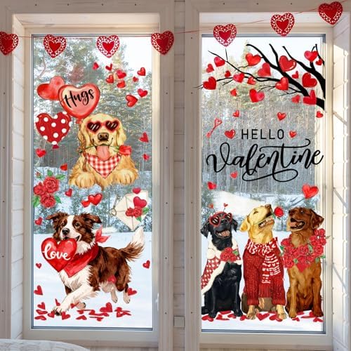 JarThenaAMCS Valentine's Day Window Clings Window Stickers Love Heart Dog Double-Sided Glass Decals for Wedding Anniversary Home Office Classroom Party Wall Decor, 9 Sheets