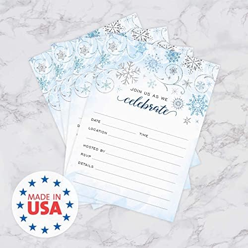Canopy Street Faux Glitter Winter Party Fill In Invitations / 25 Snowflake Invites With White Envelopes / 5" x 7" Elegant Snow All Occasion Event Invites/Made In The USA