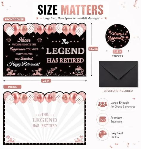 WNINK Jumbo Retirement Card for Women, Black Rose Gold Happy Retirement Guest Book with Envelope, Large Farewell Signing Card, The Legend Has Retired Decorations Gift