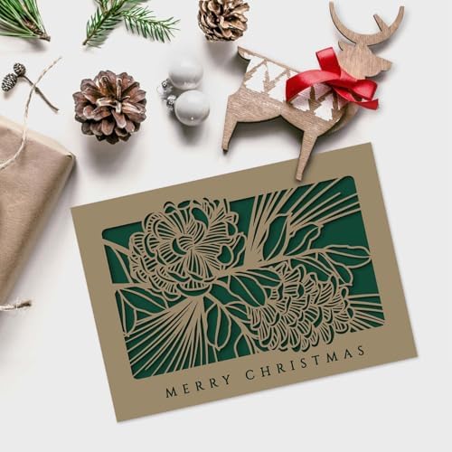 Canopy Street Masterpiece Laser Cut Pine Cone Christmas Cards / 10 Winter Holiday Cards With Coordinating Envelopes / 5" x 7" Boxed Evergreen Greeting Cards With Inside Verse