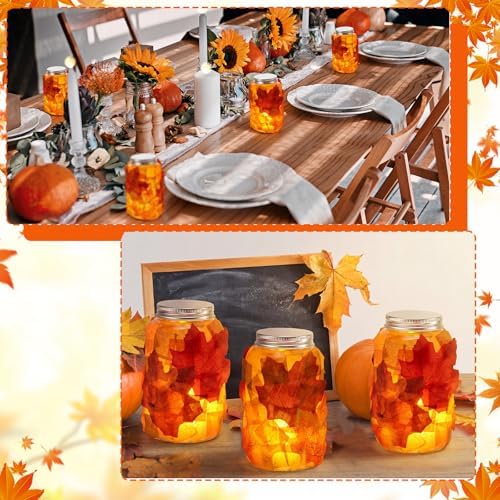 Qinyoung 12 Pcs Fall Crafts Maple Leaves Mason Jars with LED Candle Light
