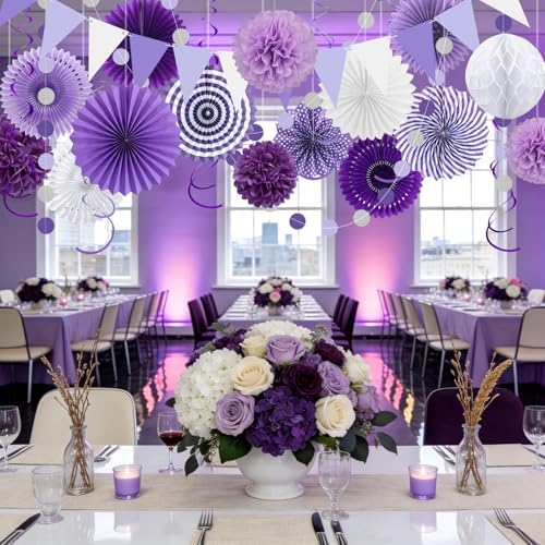 24 Pcs Purple Birthday Decorations Kit, Paper Fans Pom Poms Banner 8-16 in