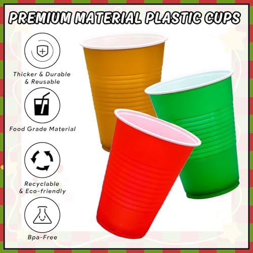 JarThenaAMCS 150Pcs Christmas Plastic Cups 16Oz Red Green Gold Disposable Drinking Cup Stackable Party Cups for Winter Xmas Birthday Party Supplies