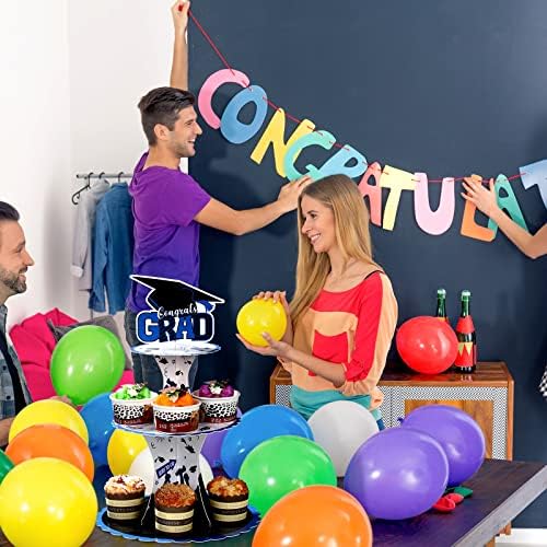 Nuenen Graduation Cupcake Holder Decoration 3 Tier Congrats Grad Party Cupcake Stand Tower Cardboard Grad Theme Dessert Stand for Graduation Party Supplies Favors(Blue and Black)
