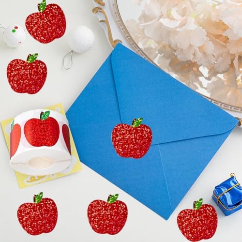 500Pcs Back to School Apples Stickers Roll Red Laser Sparkly Apples Label 1in Holographic Waterproof Decals Self-Adhesive Stickers for Envelope Scrapbook Decor First Day
