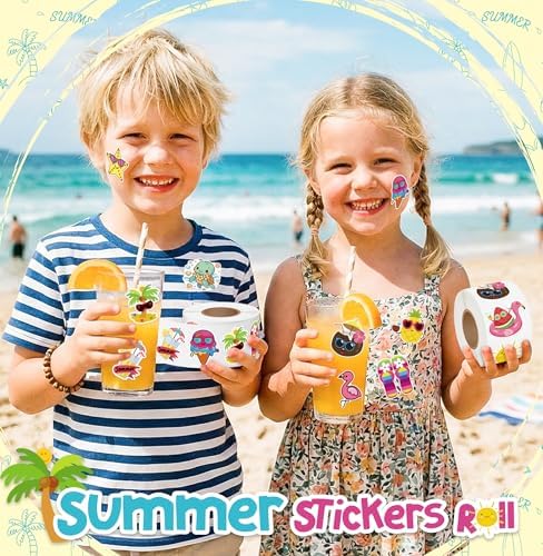 1000Pcs Summer Stickers for Kids, 2 Rolls Hawaiian Tropical Beach Self Adhesive Labels Luau Party Favors for Seasonal Holiday DIY Crafts Teacher Reward Gifts Scrapbooking Water Bottle Decor,16 Designs