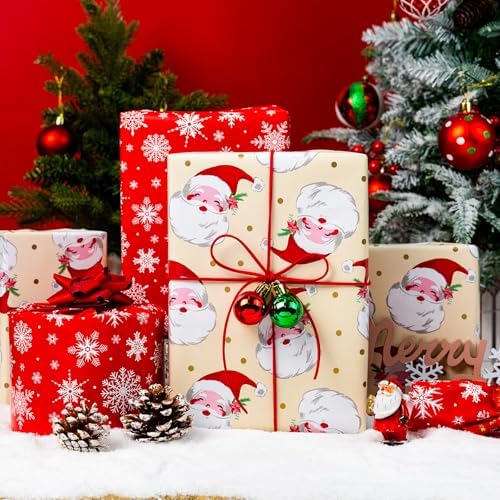 Yarcony Reversible Christmas Wrapping Paper, Santa Wrapping Paper, Cute Vintage Beige Santa Claus, Gold Dot and Snowflake Pattern Christmas Gift Wrap for Winter Holiday (Mini Roll, 17 Inch X 33 Feet)