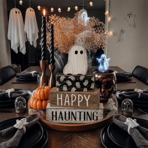 Lineshading 4 Pcs Halloween Table Decor for Home, Wooden Ghost Block Sign