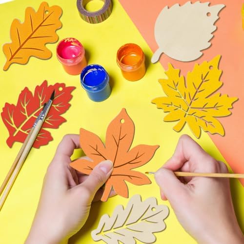 36PCS Wooden Fall Ornaments to Paint Thanksgiving Decorations, 6 Styles DIY Blank Autumn Unfinished Wood Maple Leaves Turkey Pumpkin Halloween Cutouts Ornament for Crafts Birthday Party Gifts Hanging