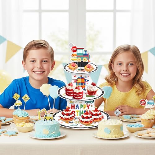 3 Tier Transportation Themed Cupcake Stand with Topper Train Birthday Decorations Boy Birthday Decorations Party Favors Cars Construction Plane Decor Chugga Chugga Two Two Party Supplies 2nd 3rd 4th
