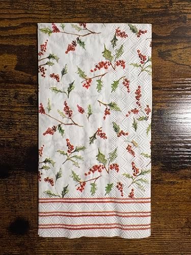 IHR Ideal Home Range Dinner Napkins Disposable 3-Ply Paper Hand Towels, 8.5" x 4.5", Christmas Ilex Berries, 16-Count
